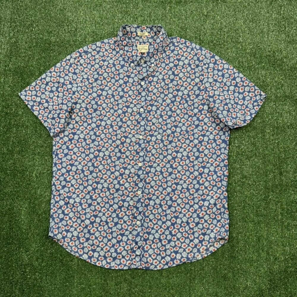 J. Crew Floral Button Up Shirt Men's Size M Blue Short Sleeve Cotton Preppy